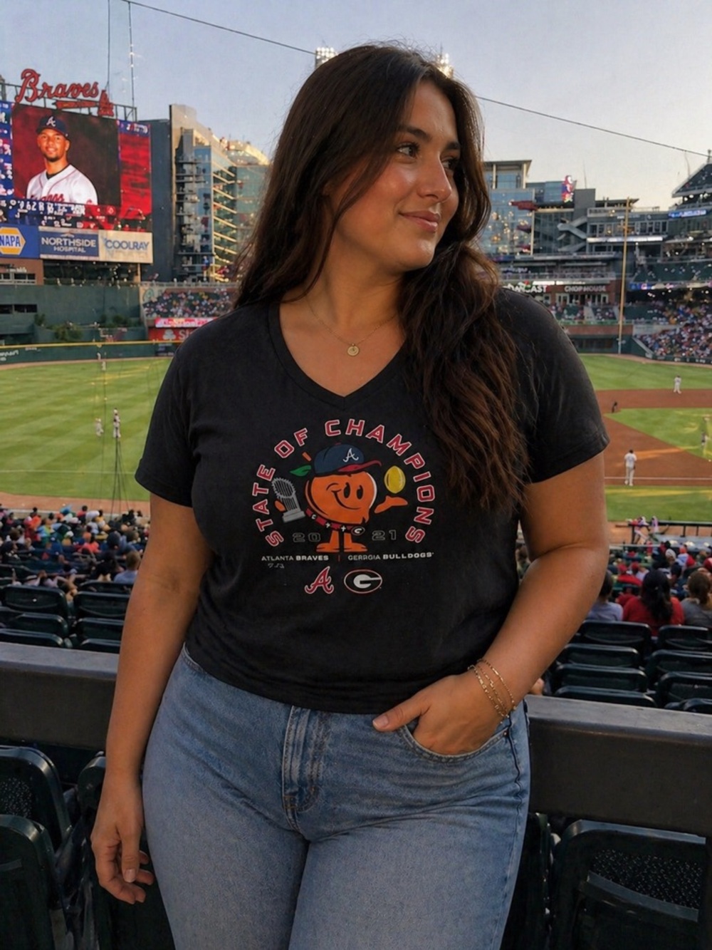 Women's Georgia Bulldogs X Atlanta Braves Peach Graphic V-Neck Tee